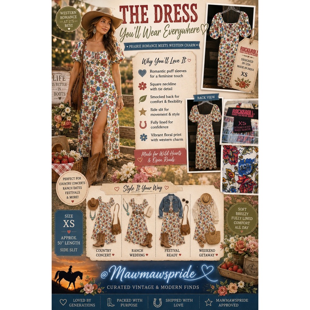 Rock & Roll Denim Floral Puff Sleeve Western Prairie Maxi Dress Side Slit XS NEW